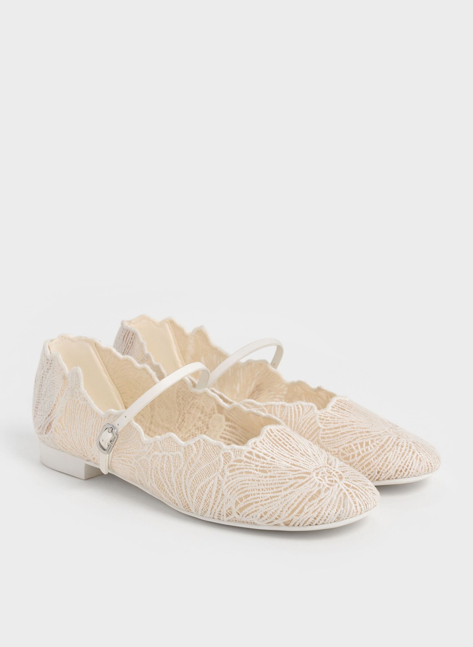 Crochet Floral Mary Jane Flats, White, hi-res