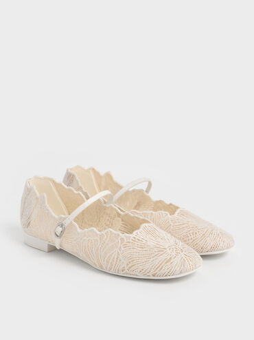 Crochet Floral Mary Jane Flats, White, hi-res