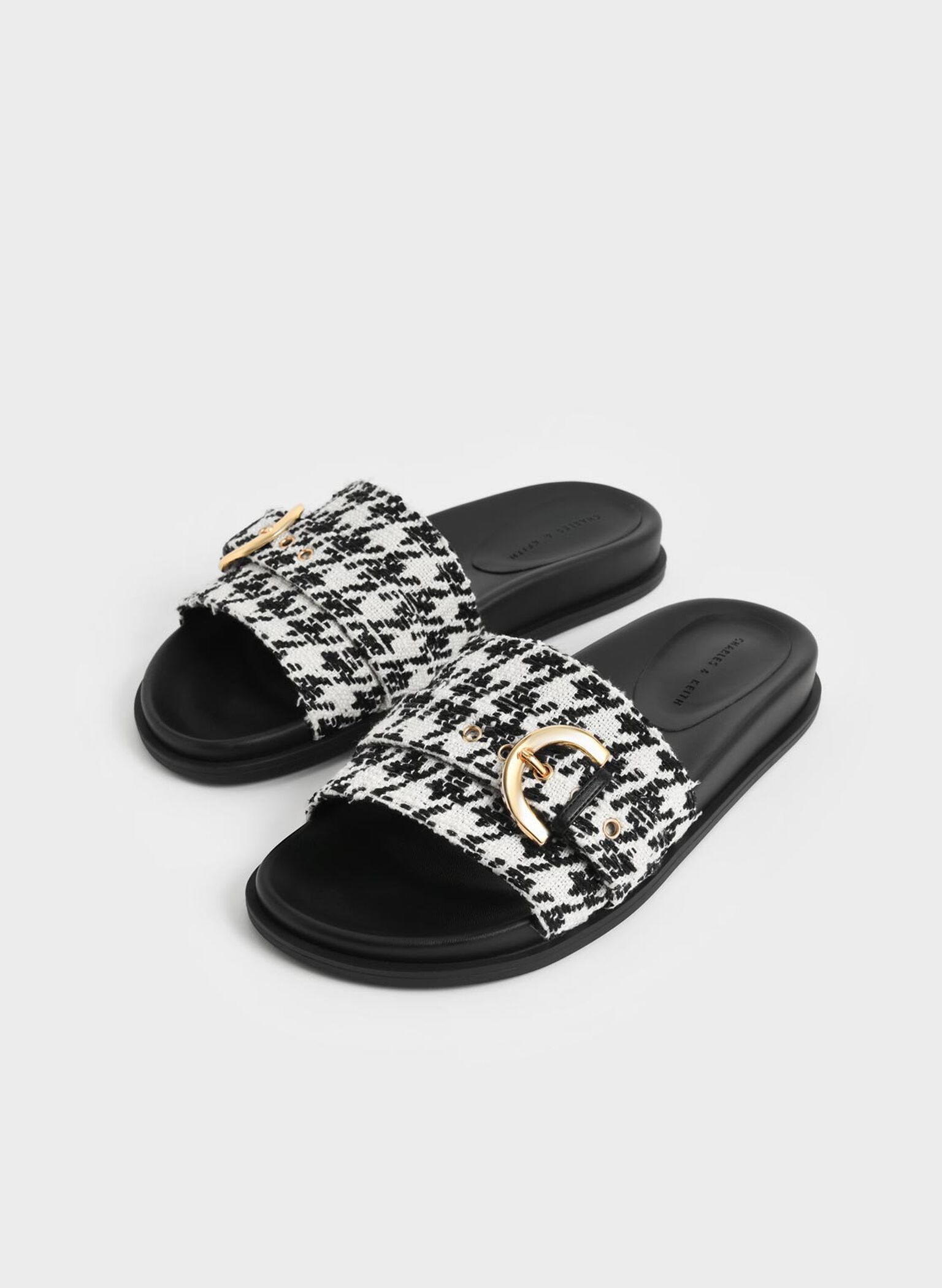 Houndstooth Studded Buckle Slide Sandals, Multi, hi-res