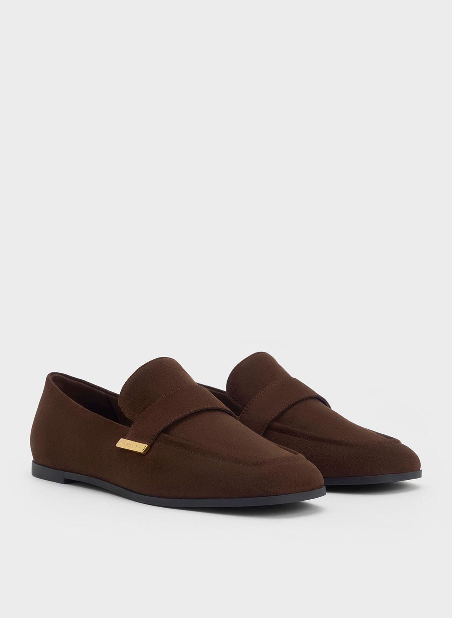 Faux Suede Almond-Toe Flat Loafers, Dark Brown, hi-res