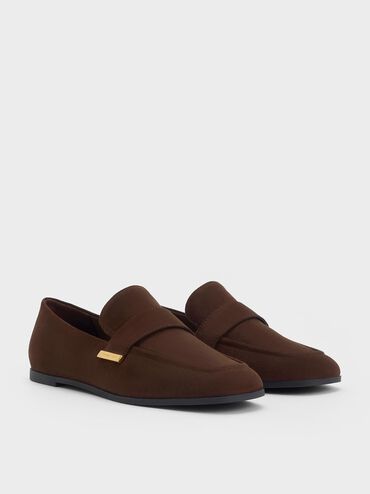Faux Suede Almond-Toe Flat Loafers, Dark Brown, hi-res