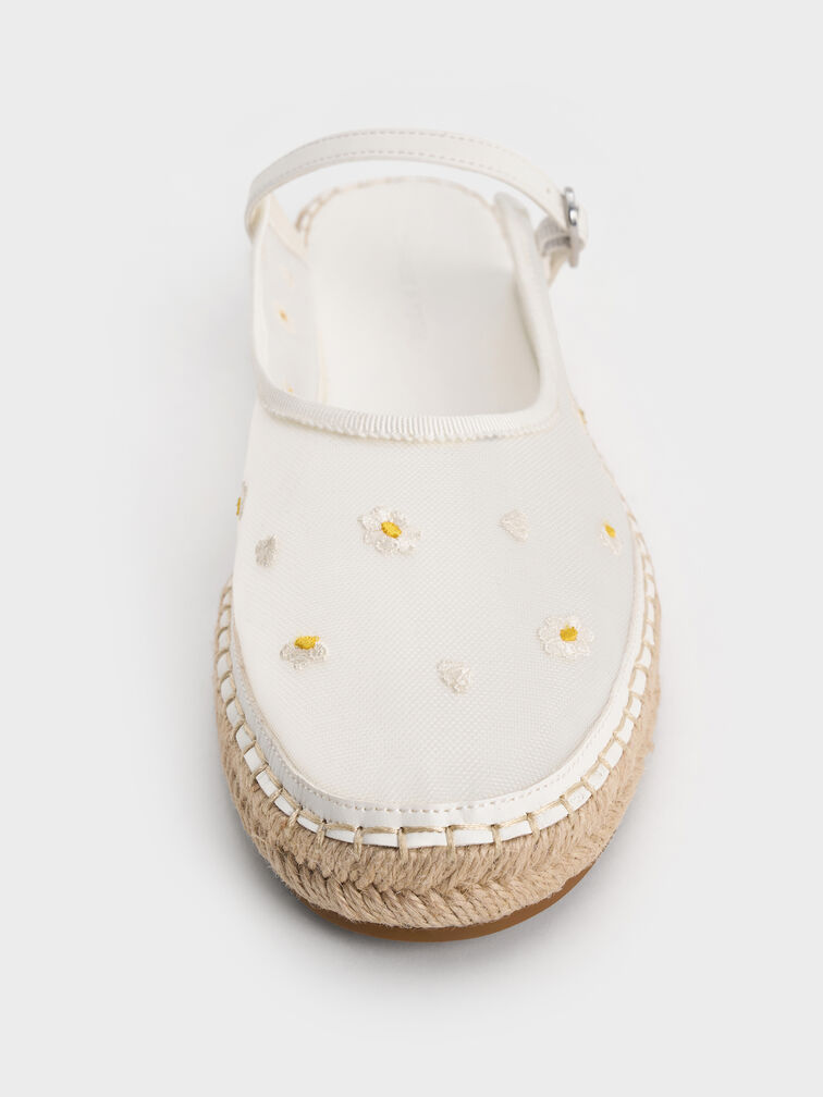 Mesh Embroidered-Flower Slip-On Mary Jane Espadrilles, White, hi-res