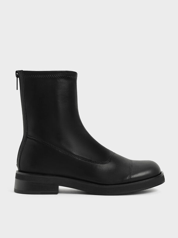 Round Toe Zip-Up Ankle Boots, Black, hi-res