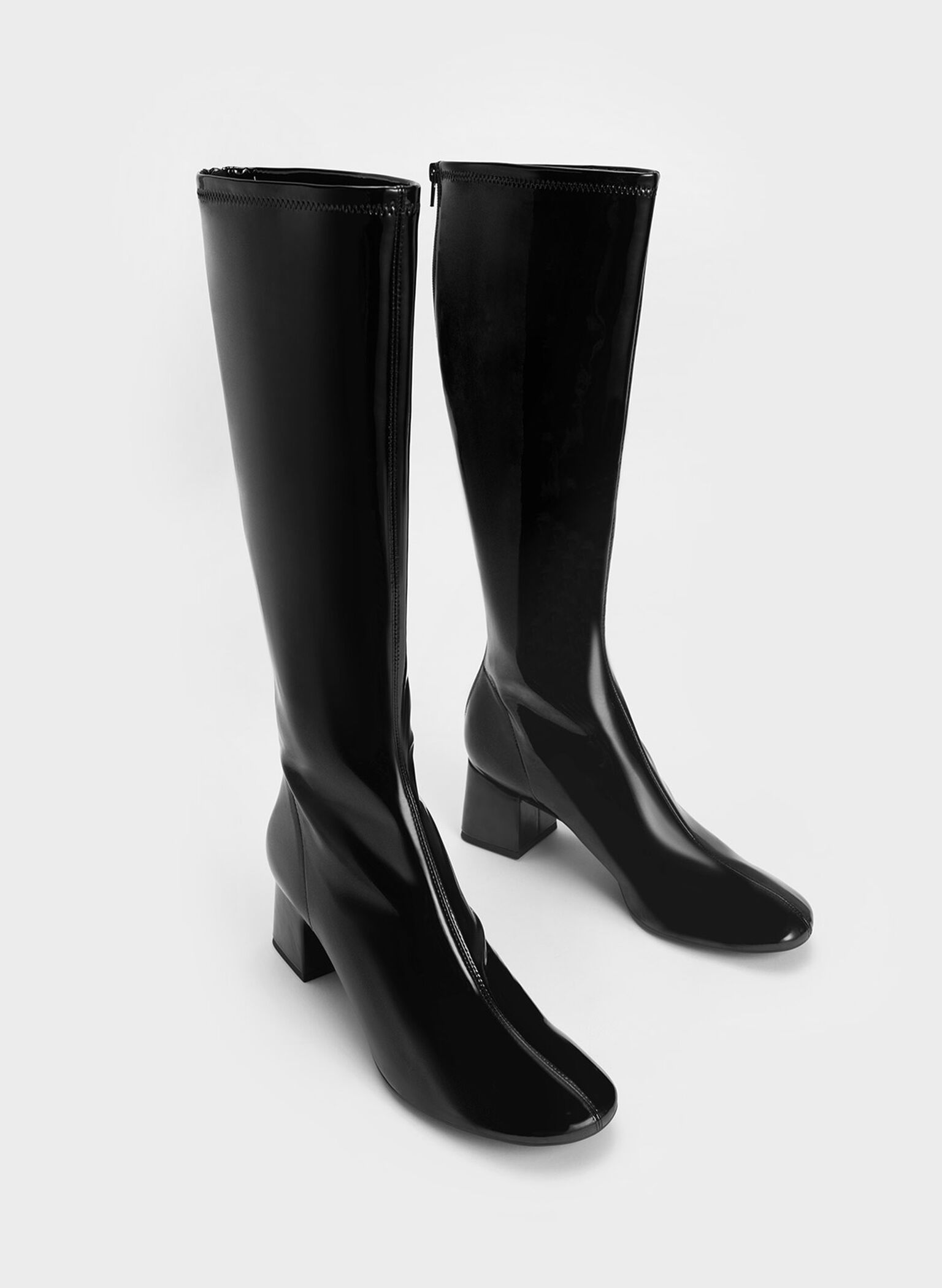 Black Patent Patent Block Heel Knee Boots - CHARLES & KEITH UK