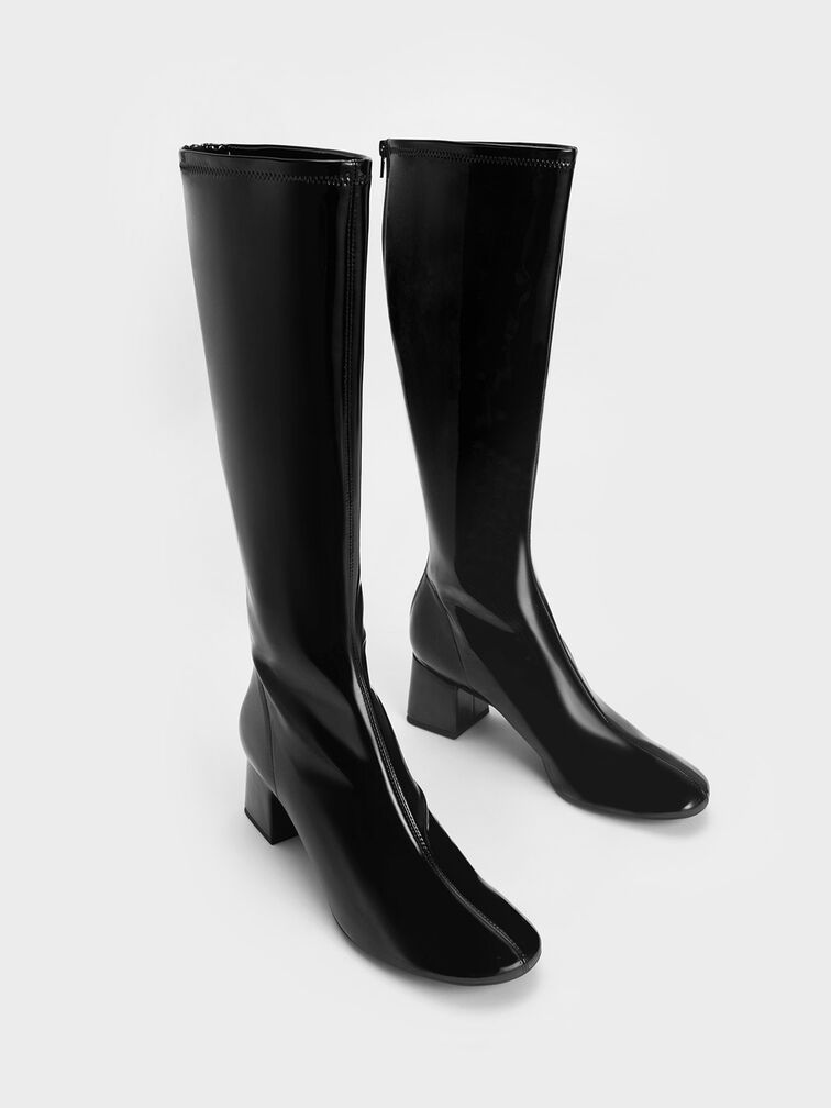 Patent Block Heel Knee Boots, Black Patent, hi-res