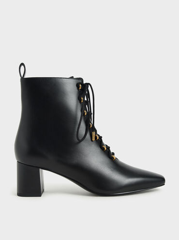 Metallic Lace-Up Ankle Boots, Black, hi-res
