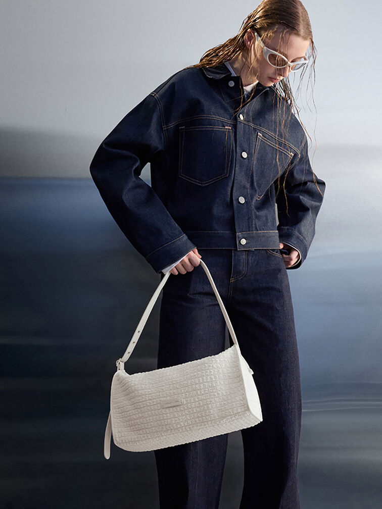 Textured Elongated Shoulder Bag, Frosted White, hi-res