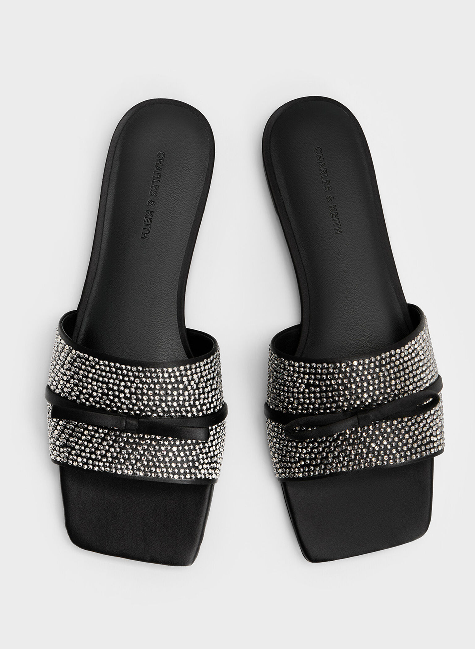 Satin Crystal-Embellished Bow Slide Sandals, Black Textured, hi-res