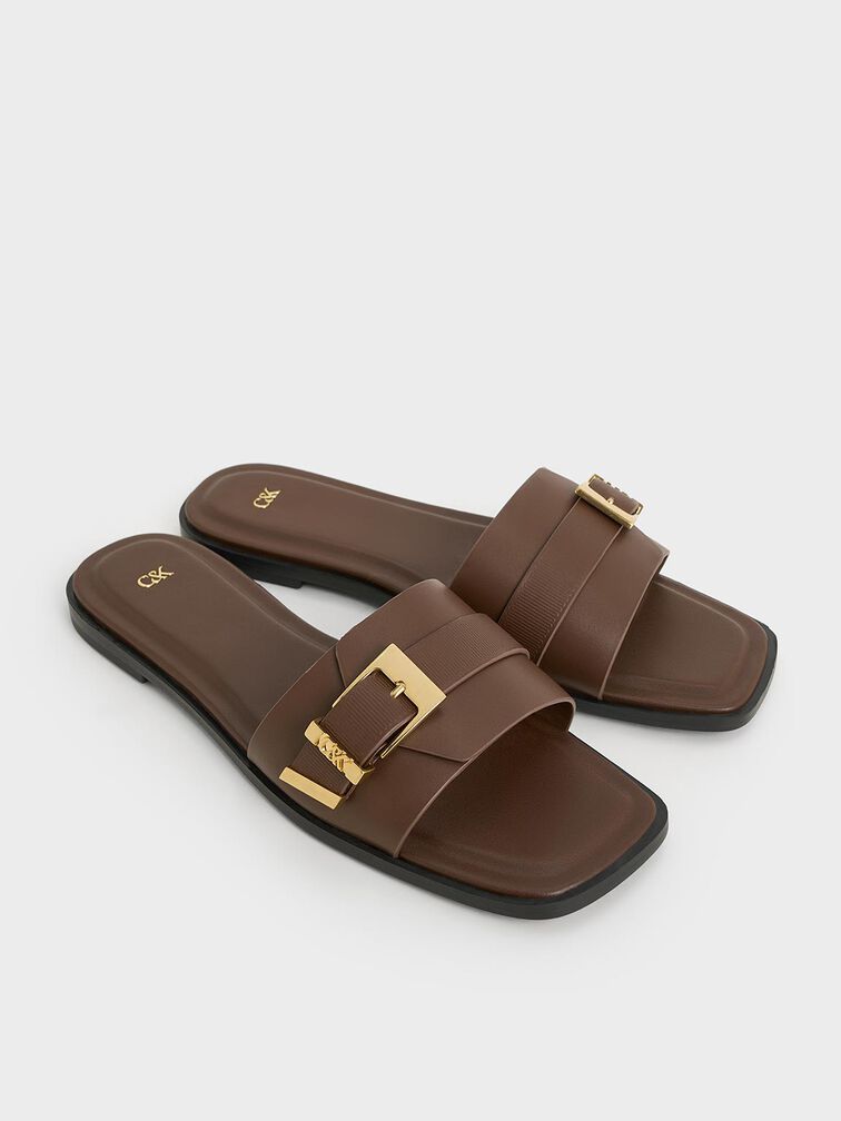 Whitney Leather Buckled Square-Toe Slide Sandals, Dark Brown, hi-res