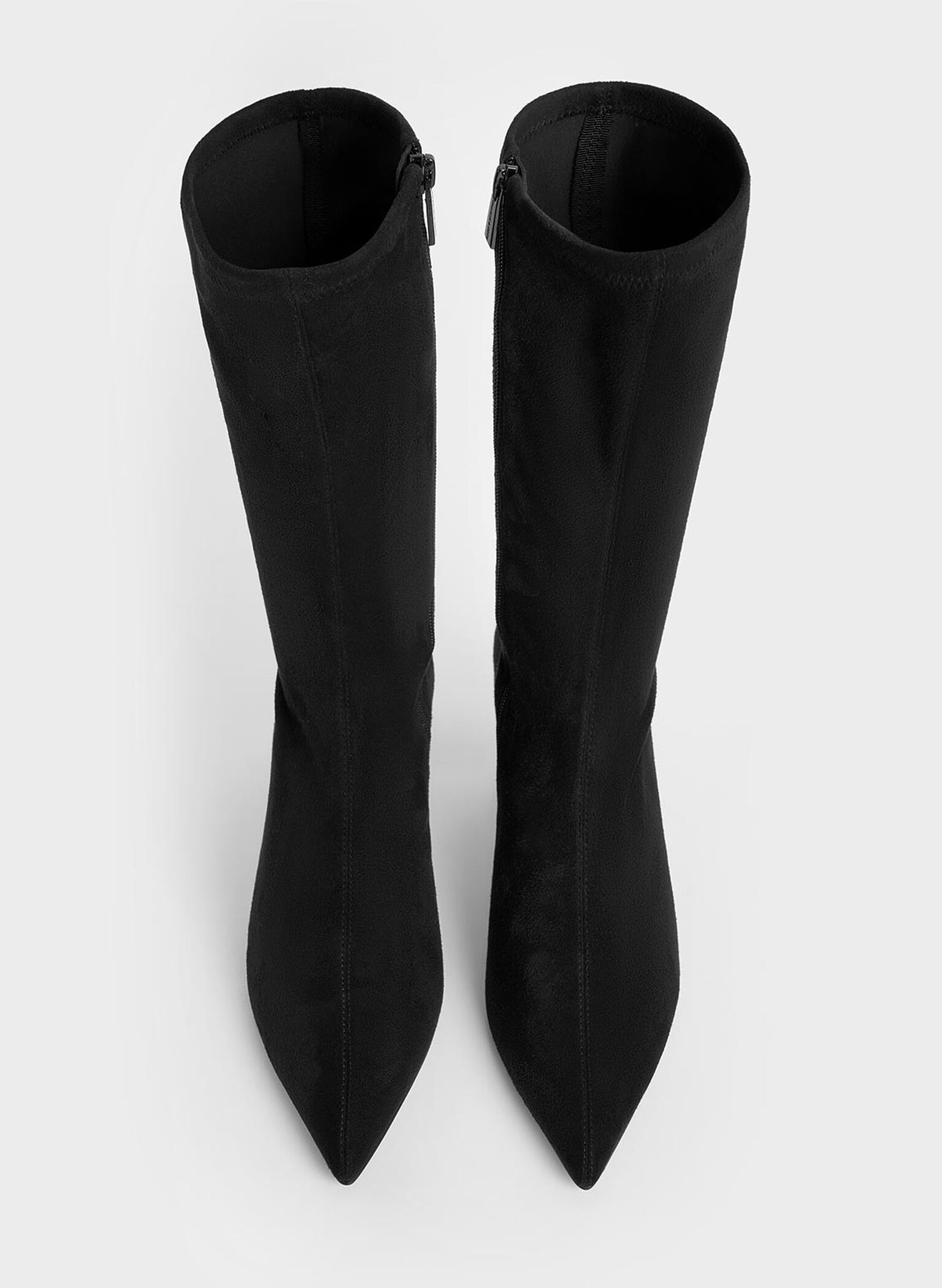 Faux Suede Blade-Heel Pointed-Toe Calf Boots, Black Textured, hi-res
