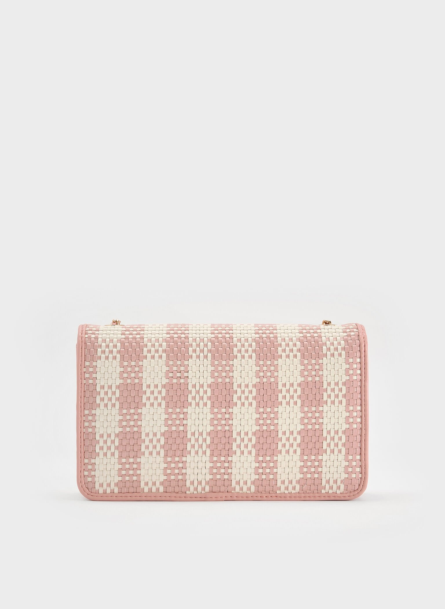 Alessia Checkered Pearl-Embellished Wallet on Chain, Light Pink, hi-res