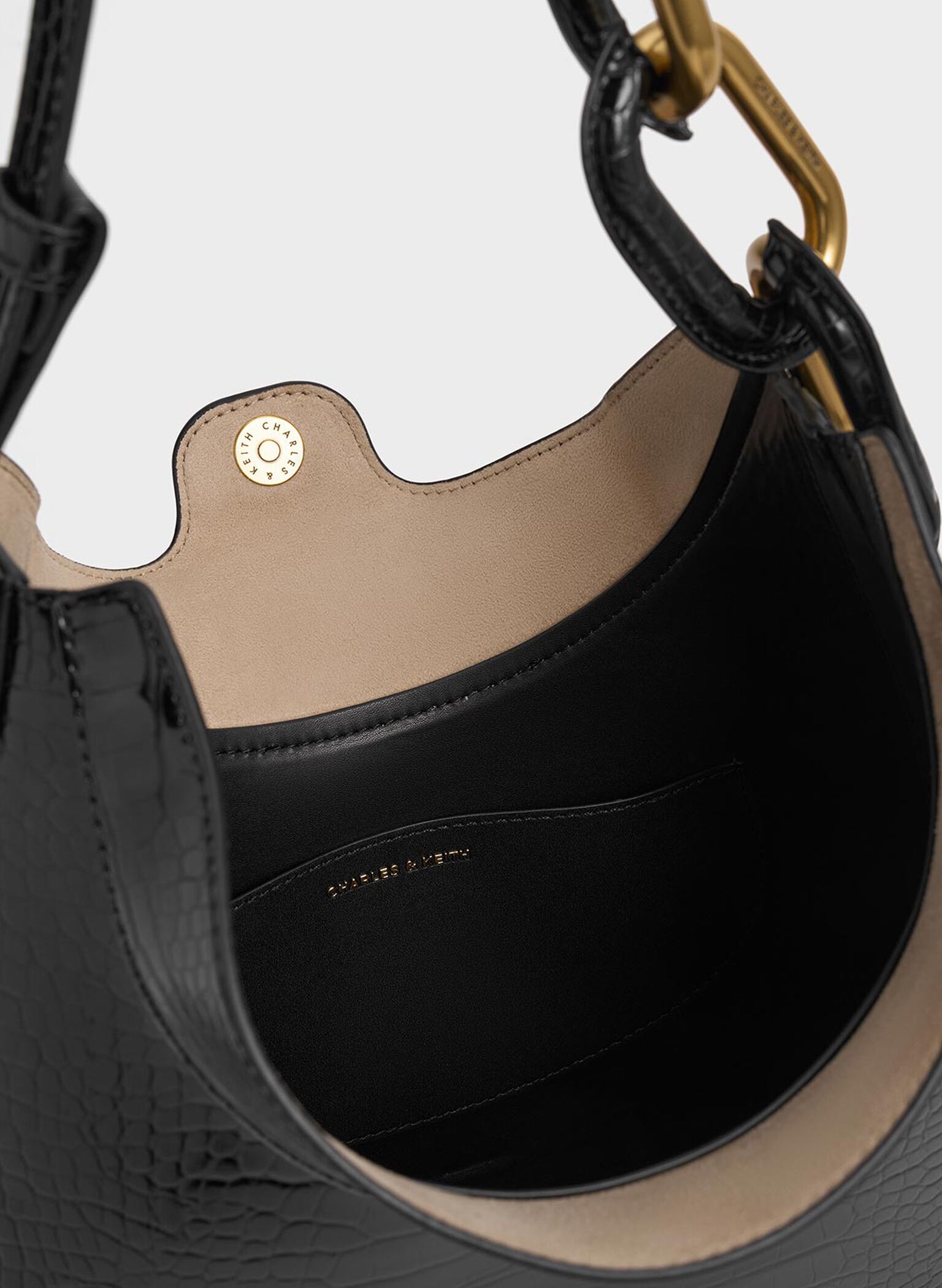 Kora Croc-Effect Metallic-Accent Moon Bag, Black, hi-res