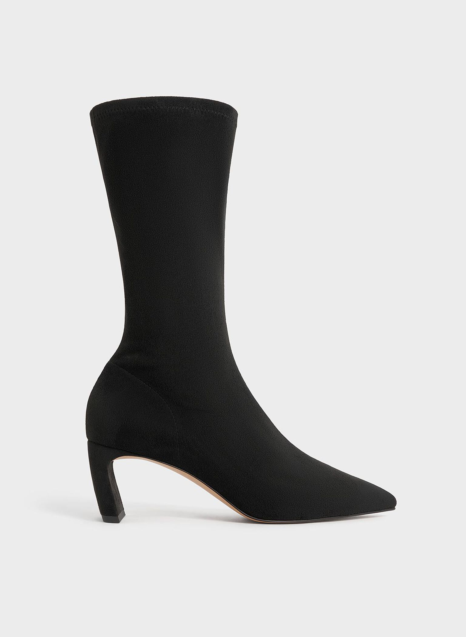 Faux Suede Blade-Heel Pointed-Toe Calf Boots, Black Textured, hi-res