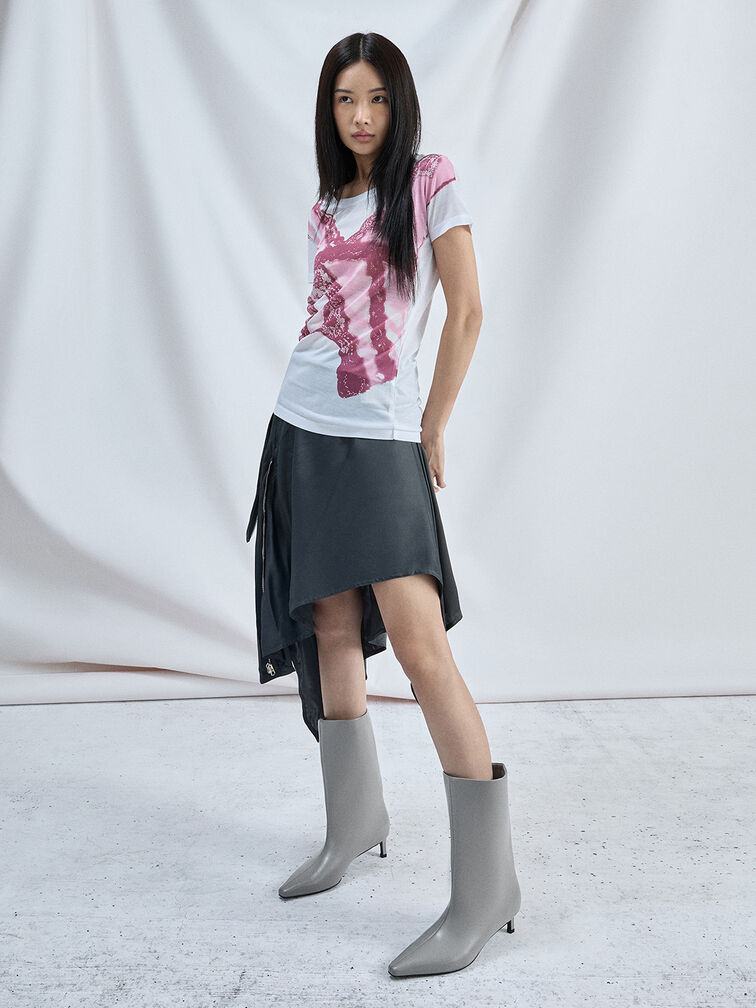 Elongated Tapered-Toe Kitten-Heel Calf Boots, Grey, hi-res