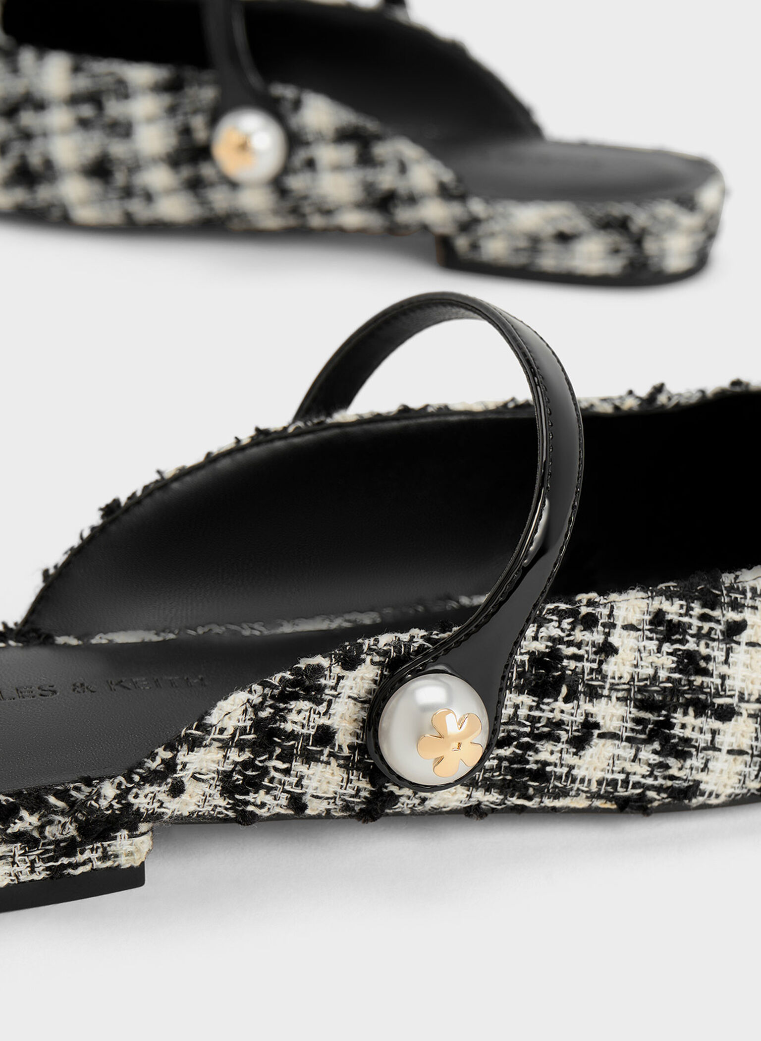 Aeryn Tweed Pearl Embellished Flat Mules, Black Textured, hi-res