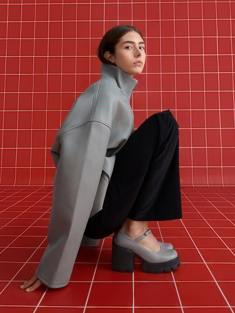 Buckled Platform Mary Janes, Grey, hi-res