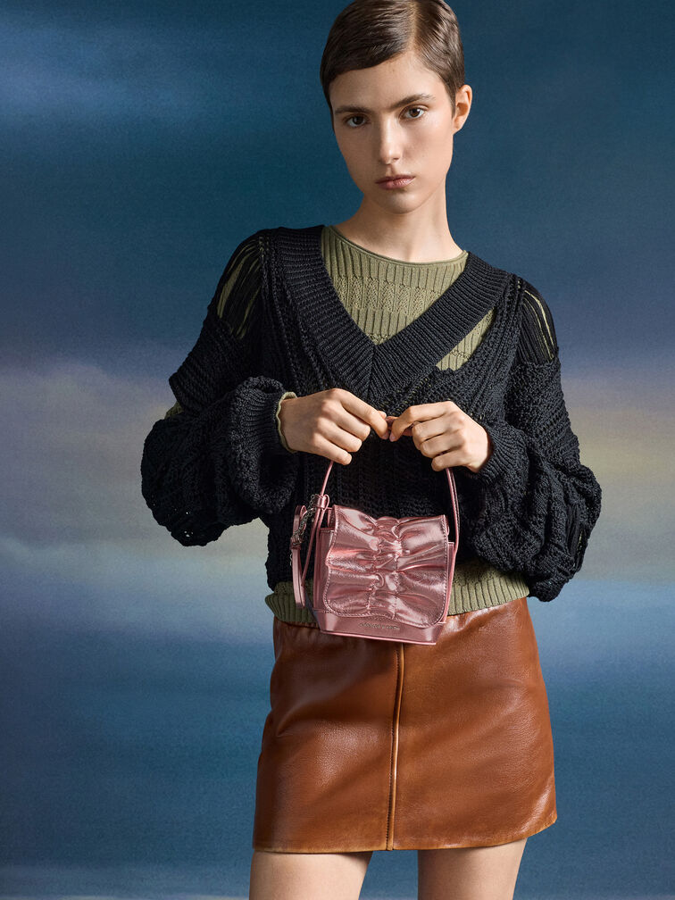 Kadee Metallic Bow-Charm Ruched Mini Bag, Aura Pink, hi-res