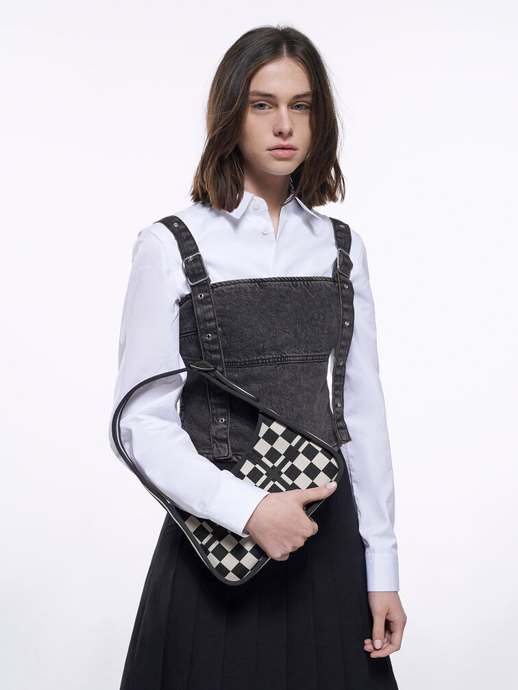 Avenue Checkered Trapeze Shoulder Bag, Black Textured, hi-res