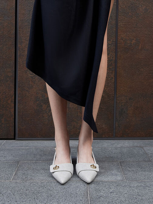 Tweed Metallic-Accent Pointed-Toe Slingback Pumps, Light Grey, hi-res