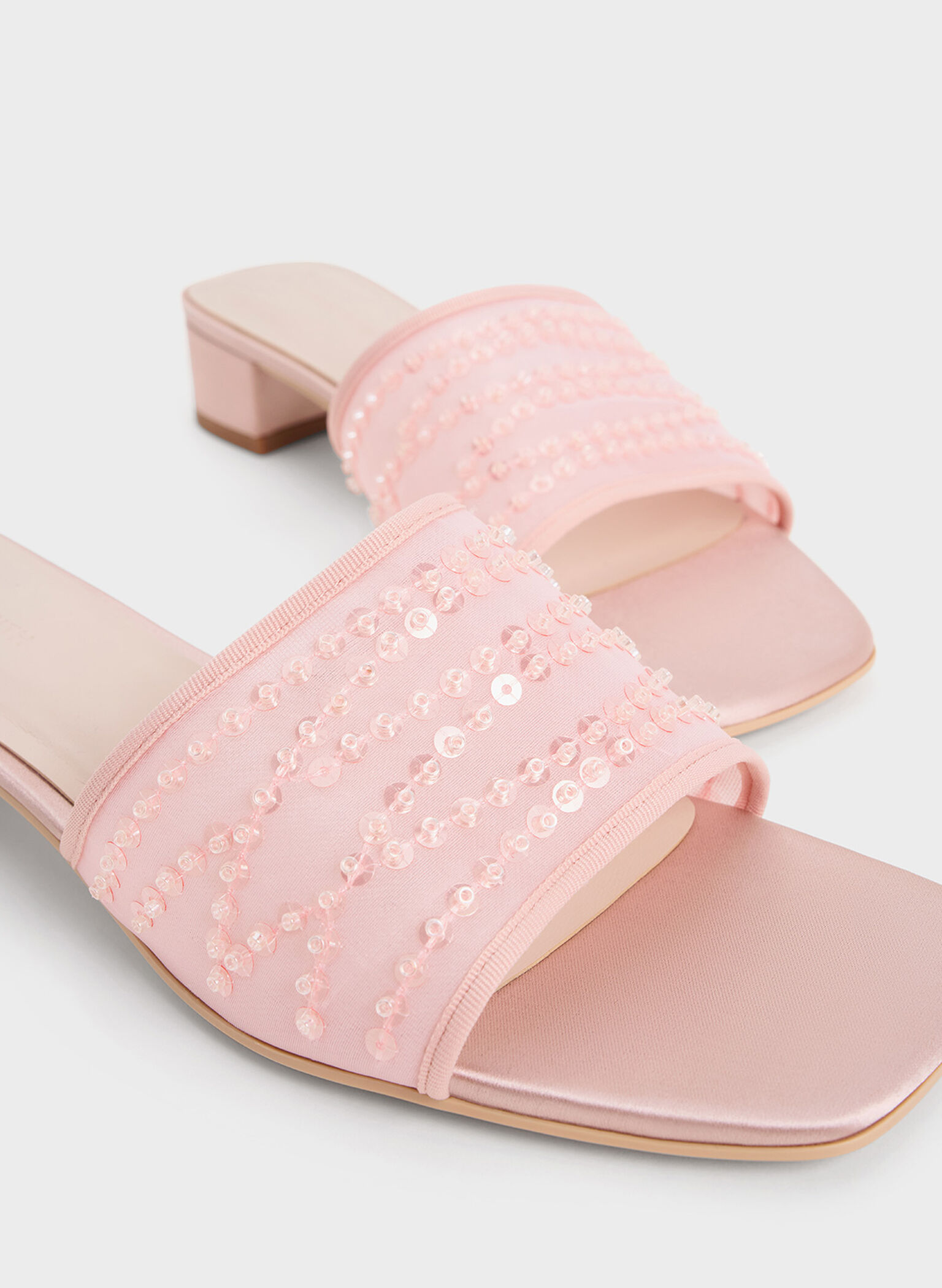 Mesh Sequinned Block-Heel Mules, Nude, hi-res