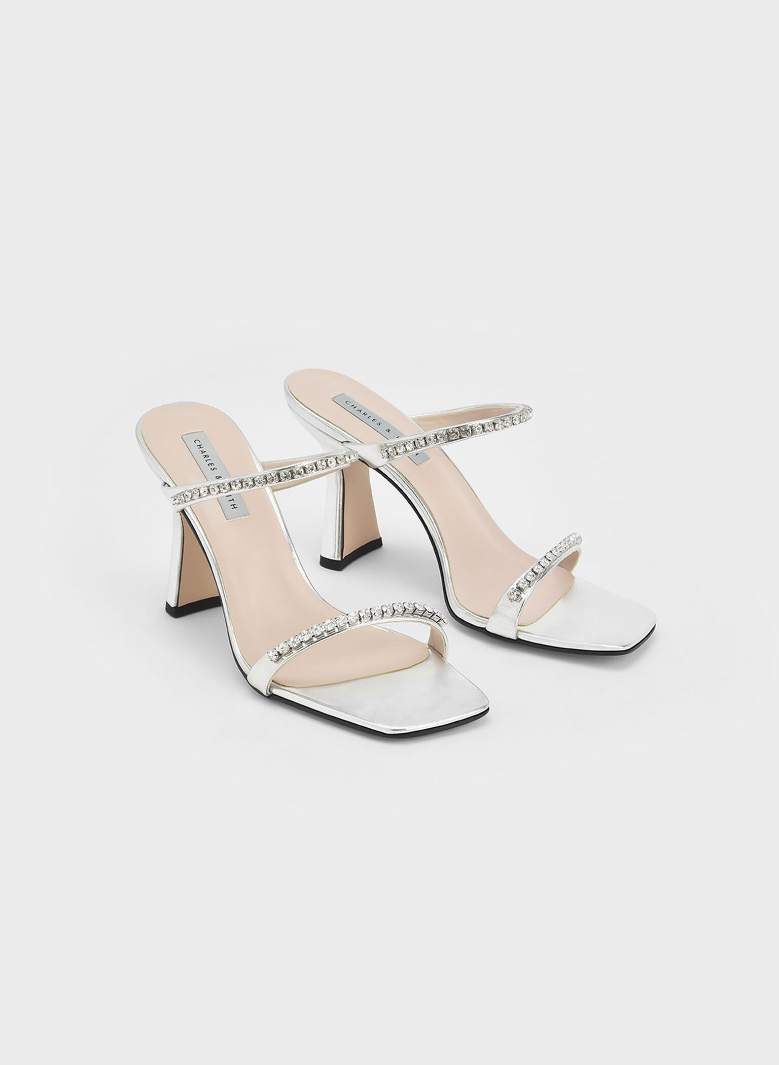 Metallic Gem-Encrusted Heeled Sandals, Silver, hi-res
