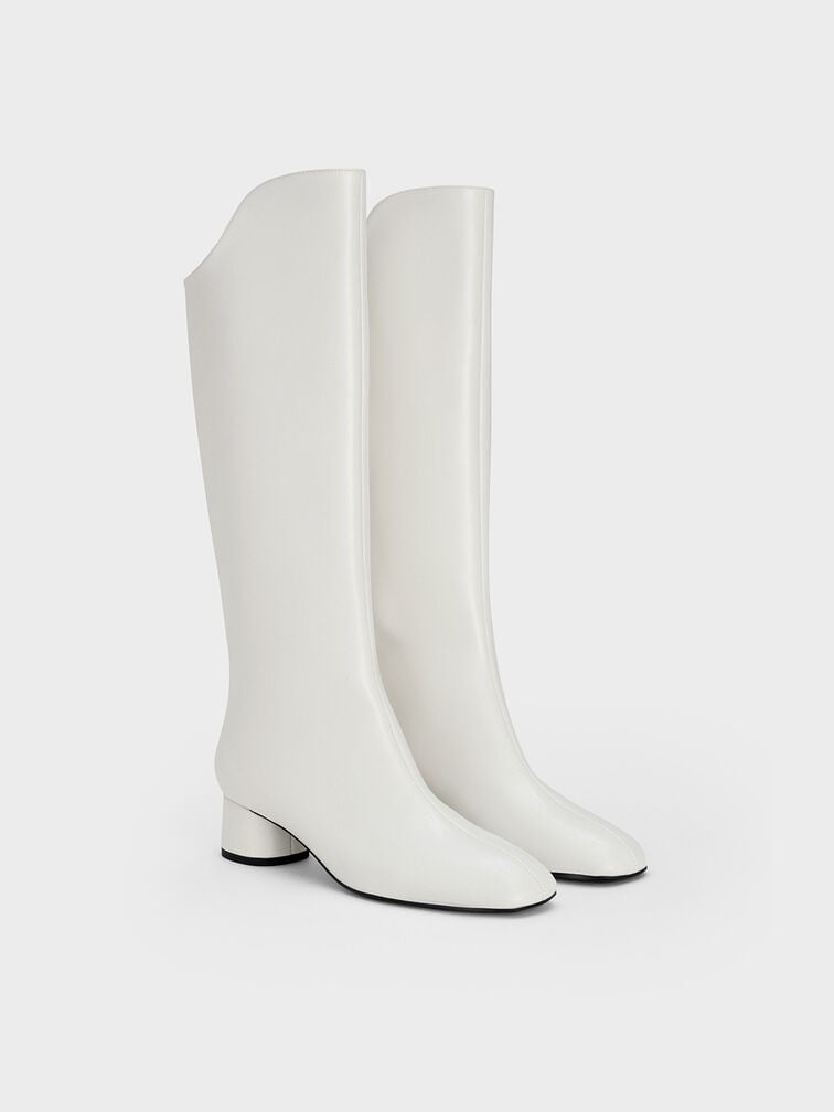 Elongated Square-Toe Knee-High Boots, White, hi-res