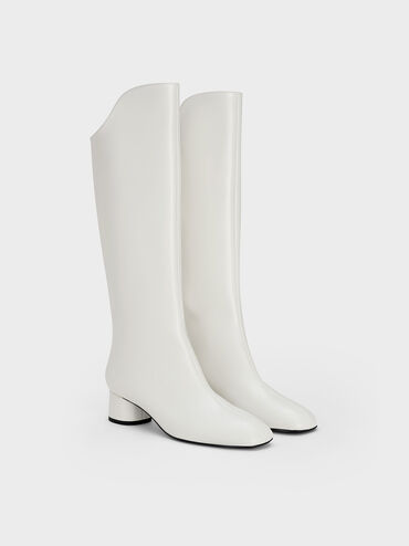 Elongated Square-Toe Knee-High Boots, White, hi-res