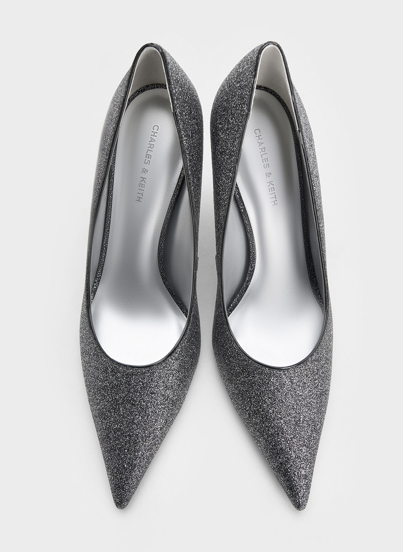 Glittered Cone-Heel Pointed-Toe Pumps, Black Textured, hi-res