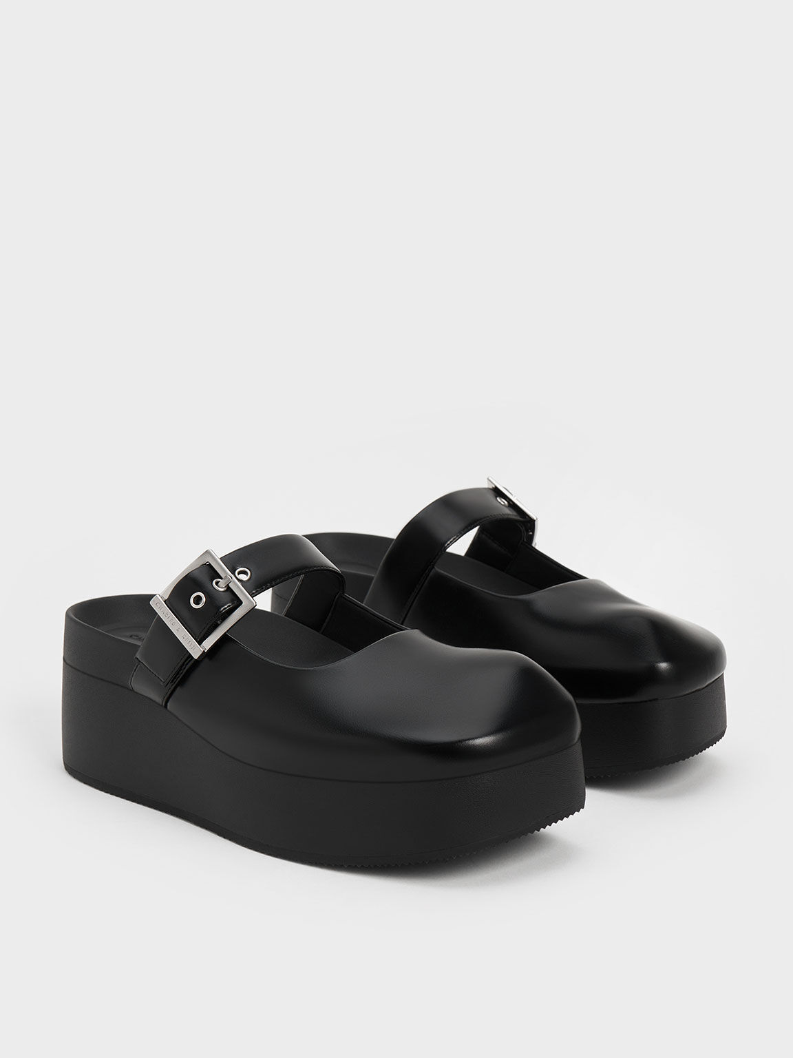 Buckle Strap Flatform Mules Black