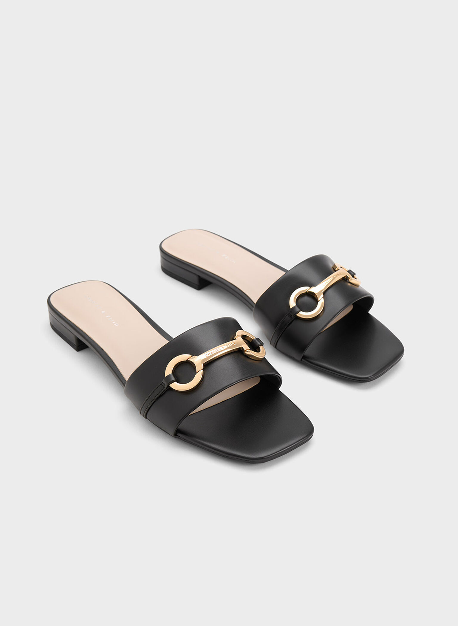Metallic Bar Slide Sandals, Black, hi-res