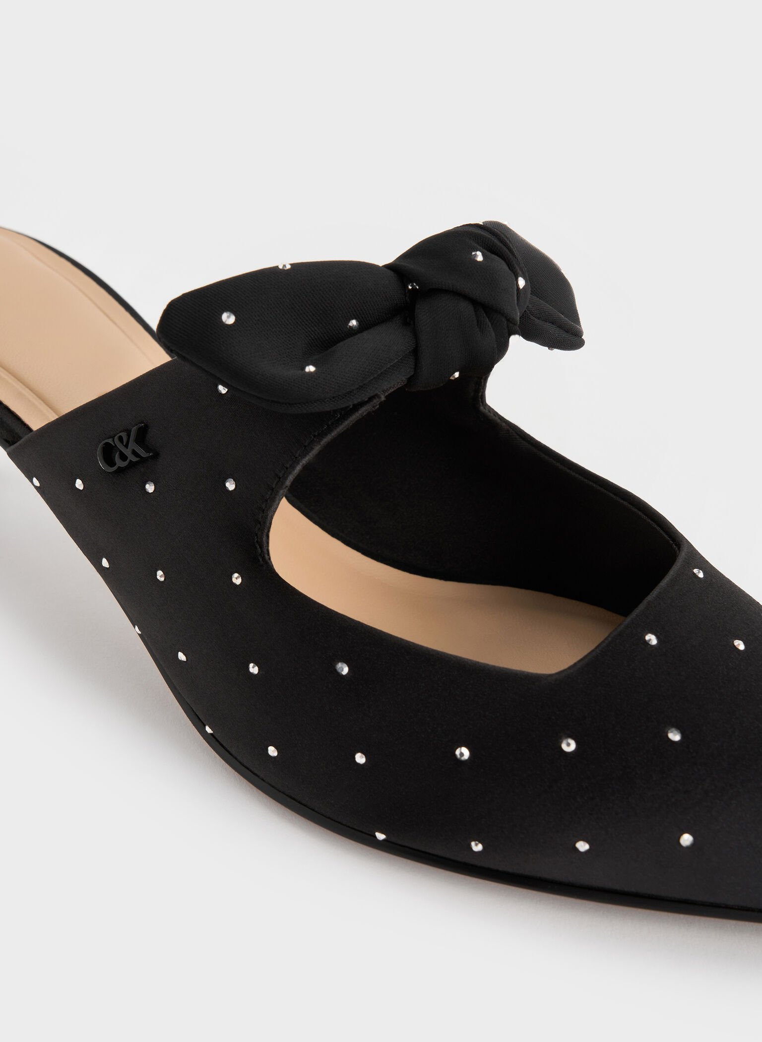 Jayce Dotted Knot-Bow Kitten-Heel Mules, Black Textured, hi-res