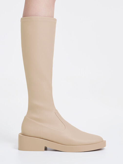Side Zip Knee-High Boots, Beige, hi-res
