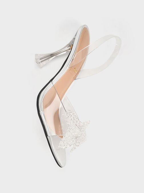 See-Through Beaded Bow Slingback Pumps, Clear, hi-res