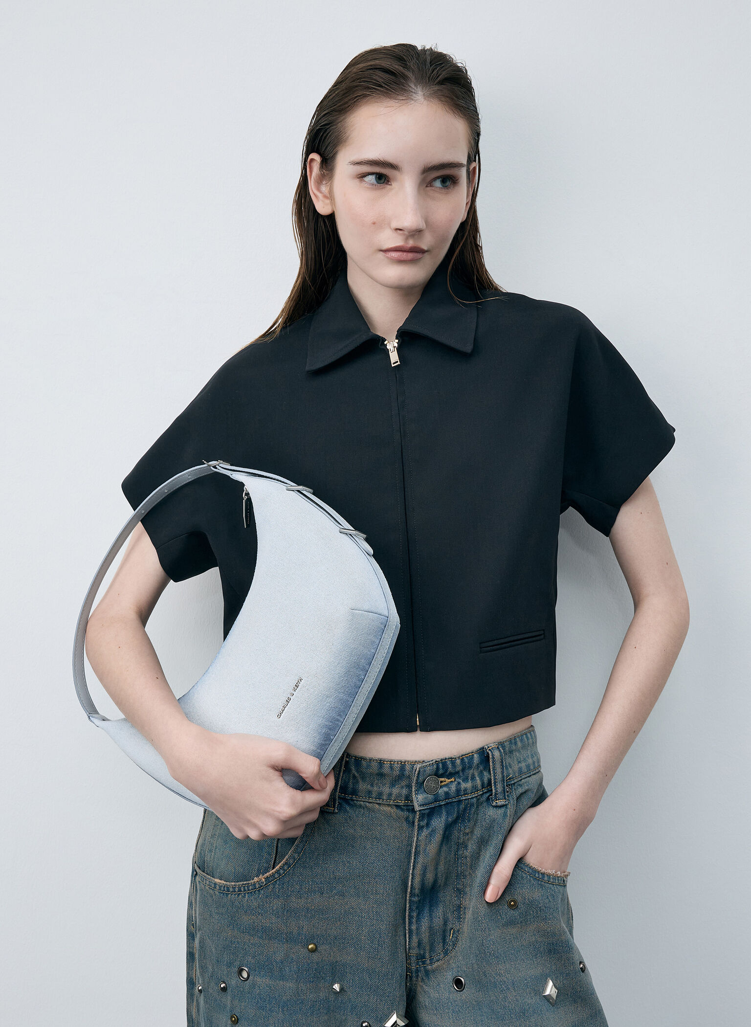 Bryna Denim Curved Hobo Bag, Light Washed Denim, hi-res