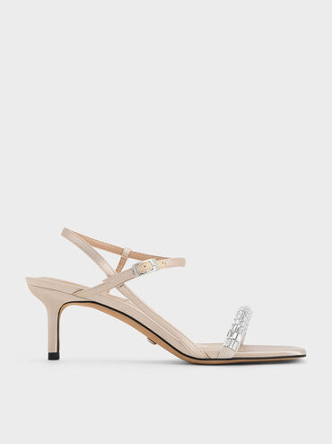 Recycled Polyester Gem-Embellished Ankle-Strap Sandals, Cream, hi-res