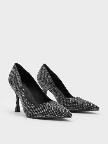 Denim Pointed-Toe Spool-Heel Pumps, Black Textured, hi-res