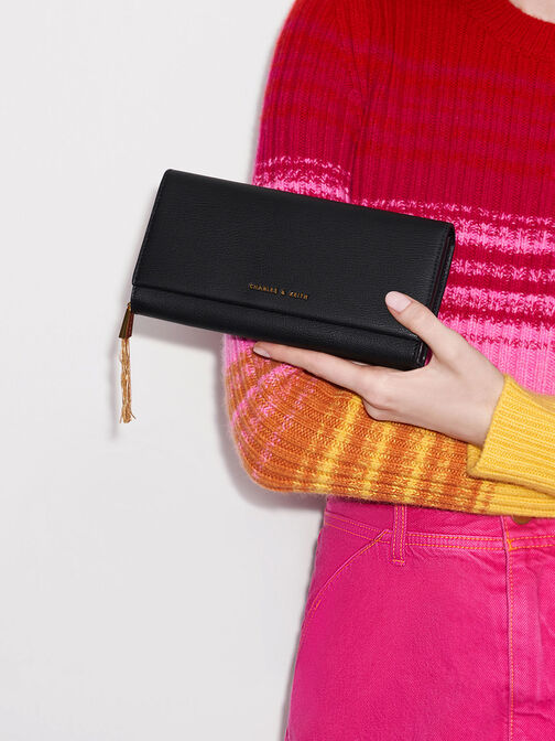 Tassel Detail Long Wallet, Black, hi-res