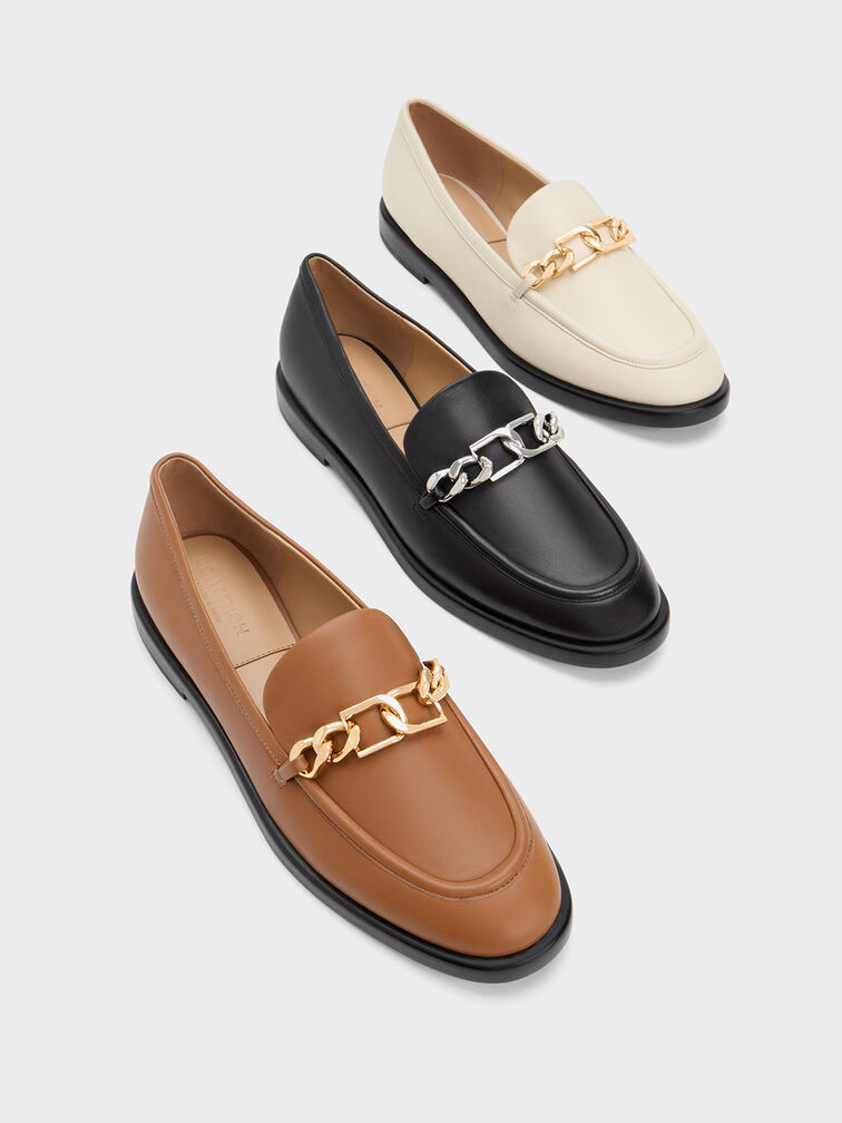 Gabine Chain-Link Leather Loafers, Brown, hi-res