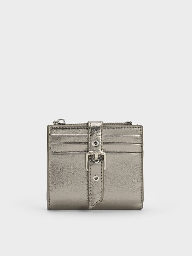 Blaise Metallic Grommet-Belt Top-Zip Small Wallet, Pewter, hi-res