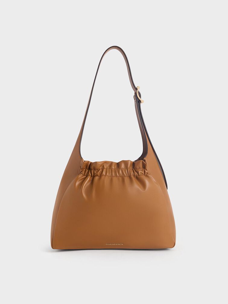 Brigette Ruched Shoulder Bag, Brown, hi-res