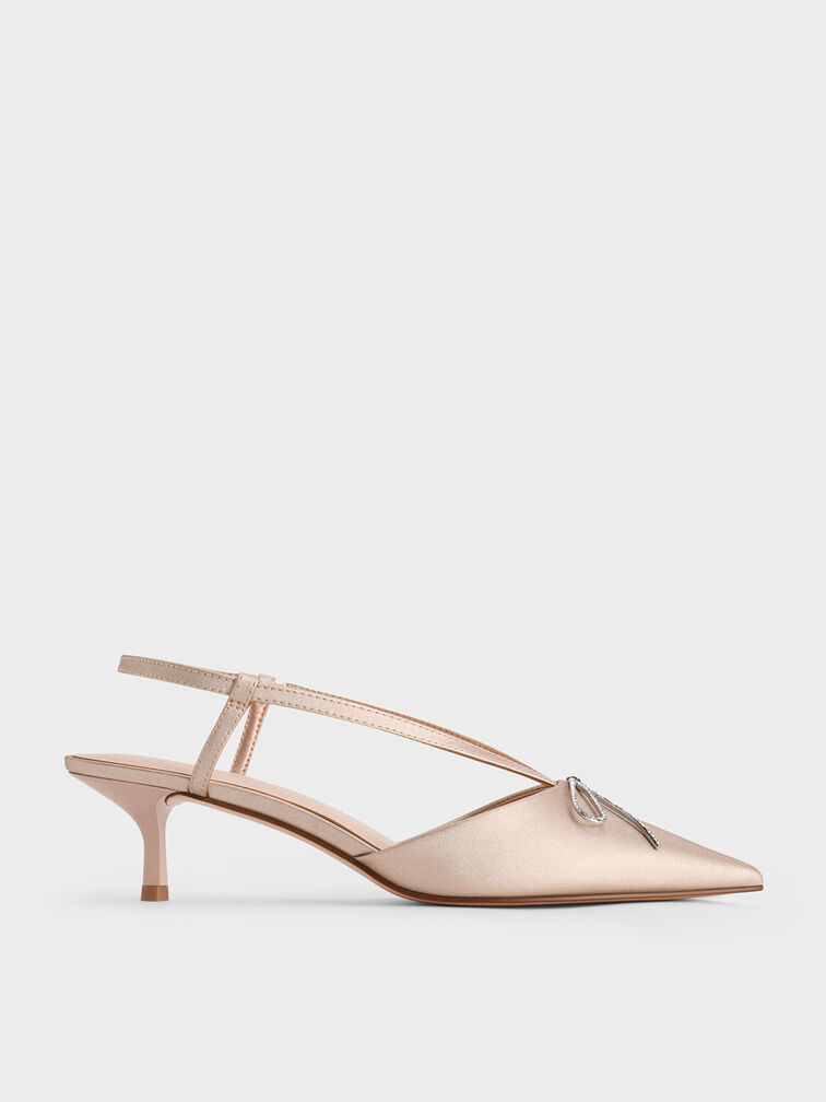 Crystal-Bow Kitten-Heel Slingback Pumps, Nude, hi-res