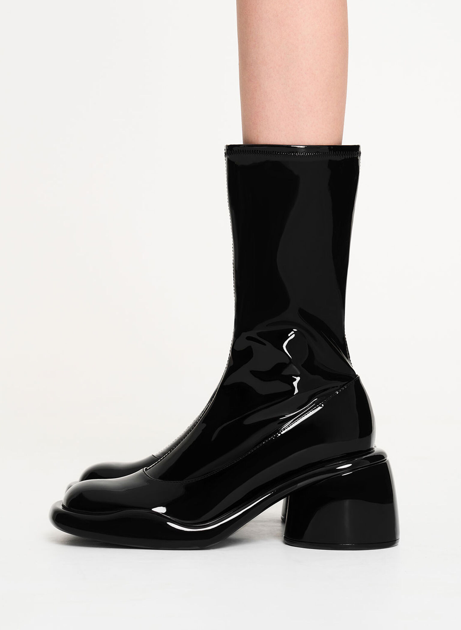 Lula Patent Chunky Heel Calf Boots, Black, hi-res