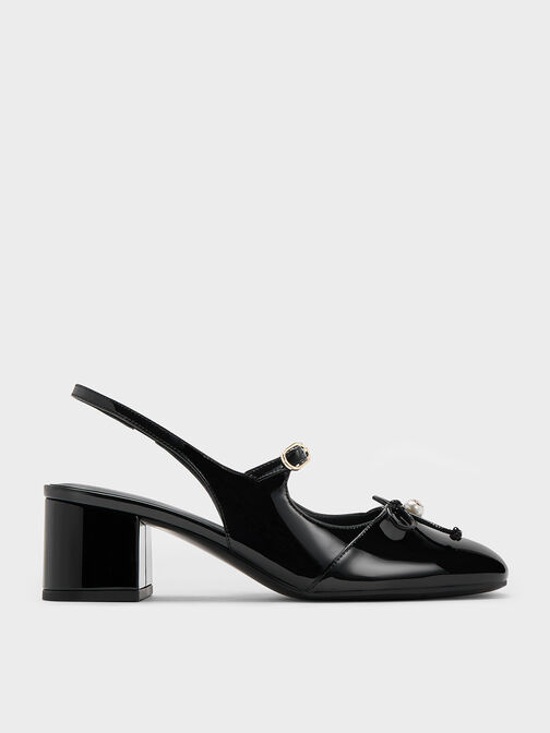 Patent Bow Crystal-Pearl Slingback Mary Jane Pumps, Black Patent, hi-res