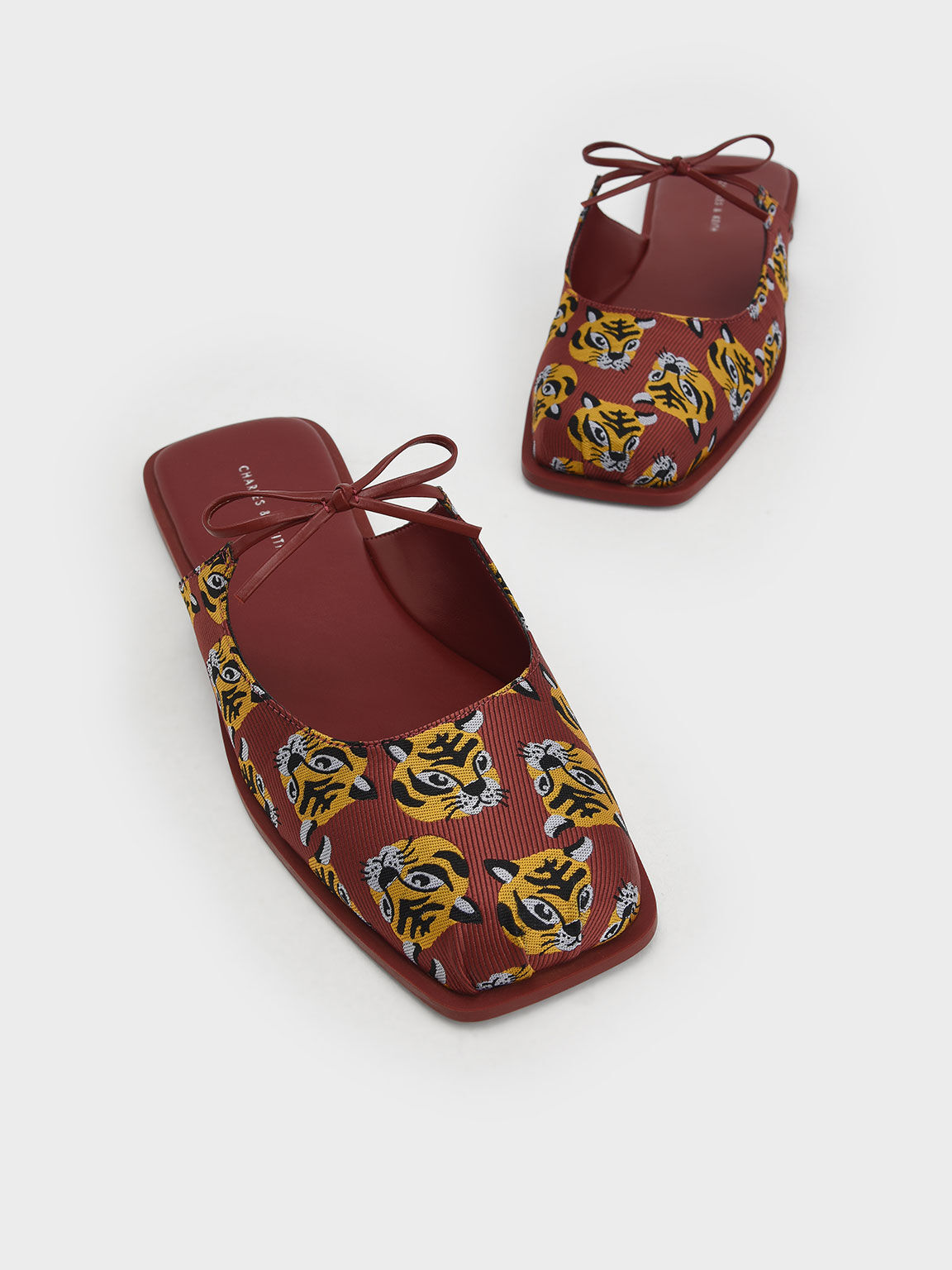 Lunar New Year Collection: Dionne Tiger-Print Jacquard Flat Mules, Red, hi-res