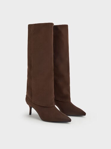 Faux Suede Pointed-Toe Stiletto-Heel Knee-High Boots, Dark Brown Textured, hi-res