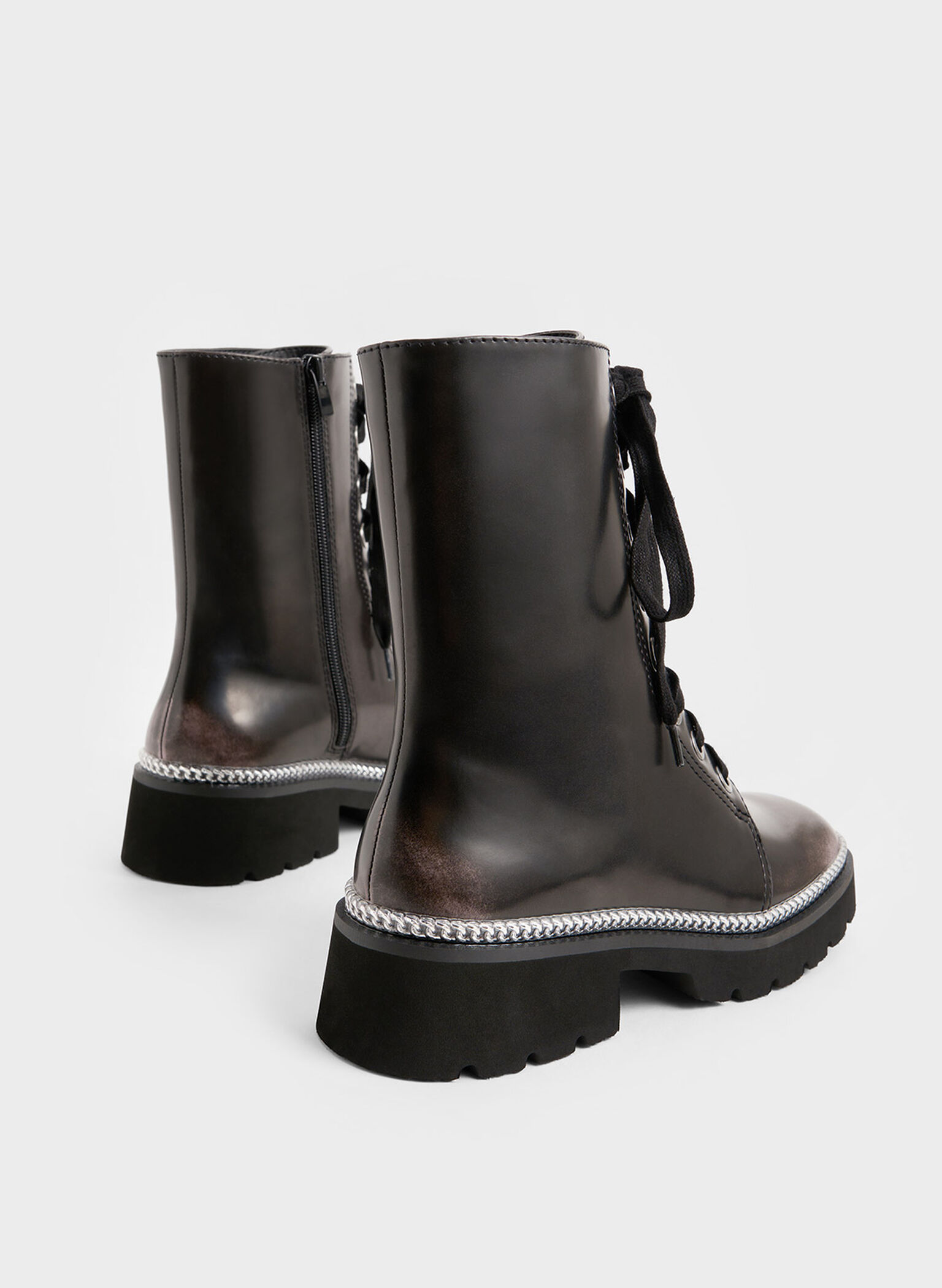 Chain-Trim Lace-Up Boots, Dark Grey, hi-res
