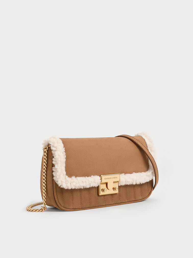 Mini Donna Faux Suede Fur-Trim Bag, Tan, hi-res