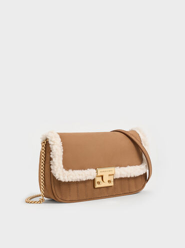 Mini Donna Faux Suede Fur-Trim Bag, Tan, hi-res
