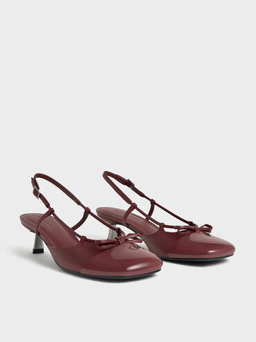 Patent Cap-Toe Bow Slingback Pumps, Burgundy, hi-res