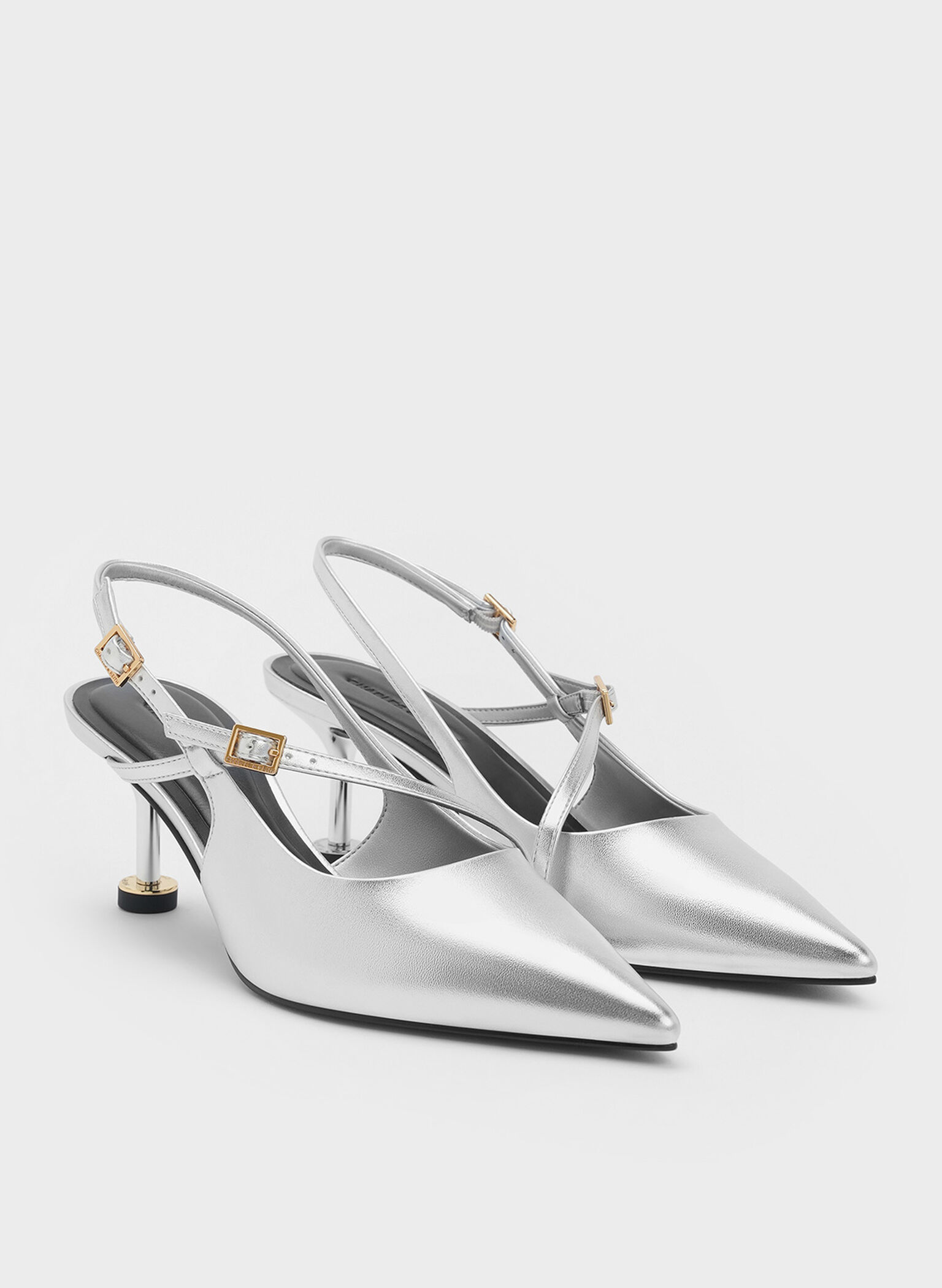 Metallic Buckled Sculptural-Heel Slingback Pumps, Silver, hi-res